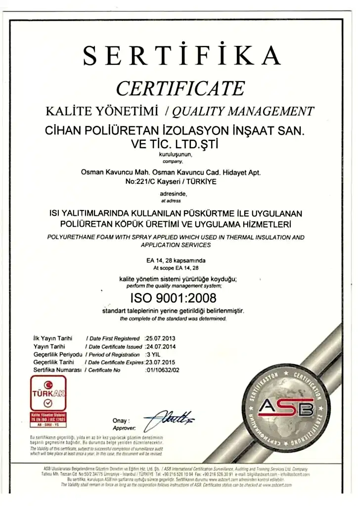 ISO 9001-2008 Kalite Yönetim Sistemi — belge görseli