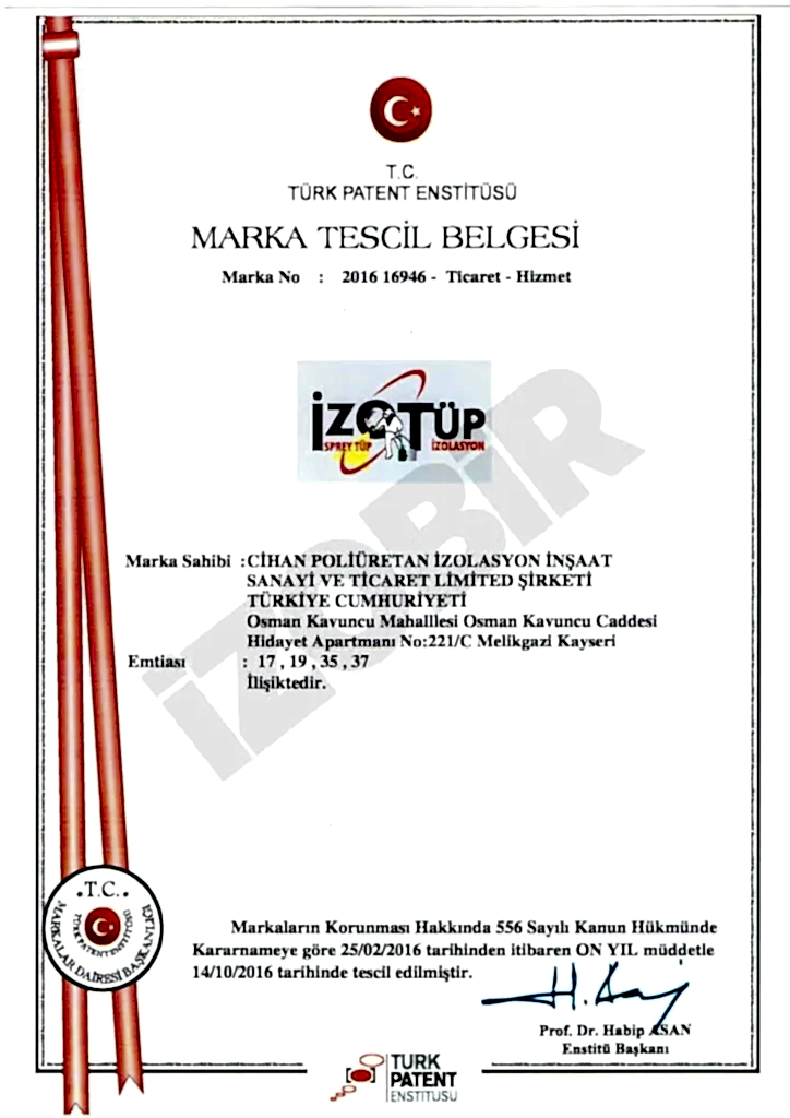 İZOTUP Marka Tescil Belgesi — belge görseli