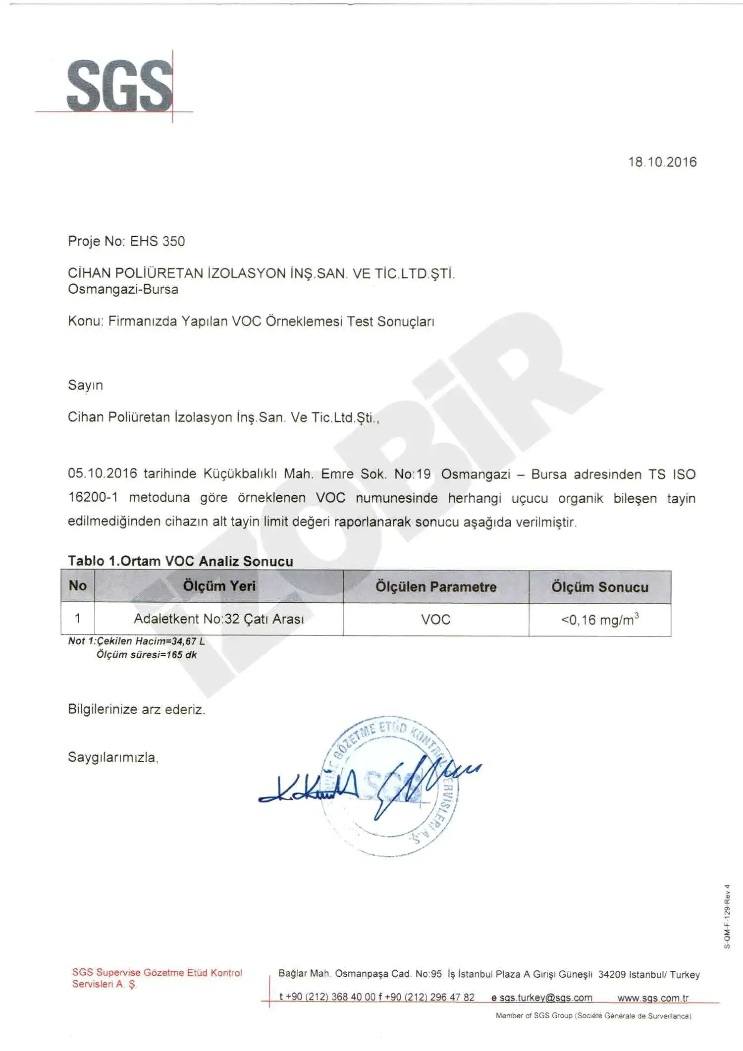 Poliüretan VOC Test Sonuçları — belge görseli