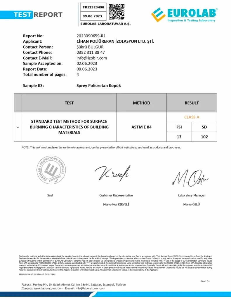 A Sınıfı Yanmazlık (ASTM E84) — belge görseli